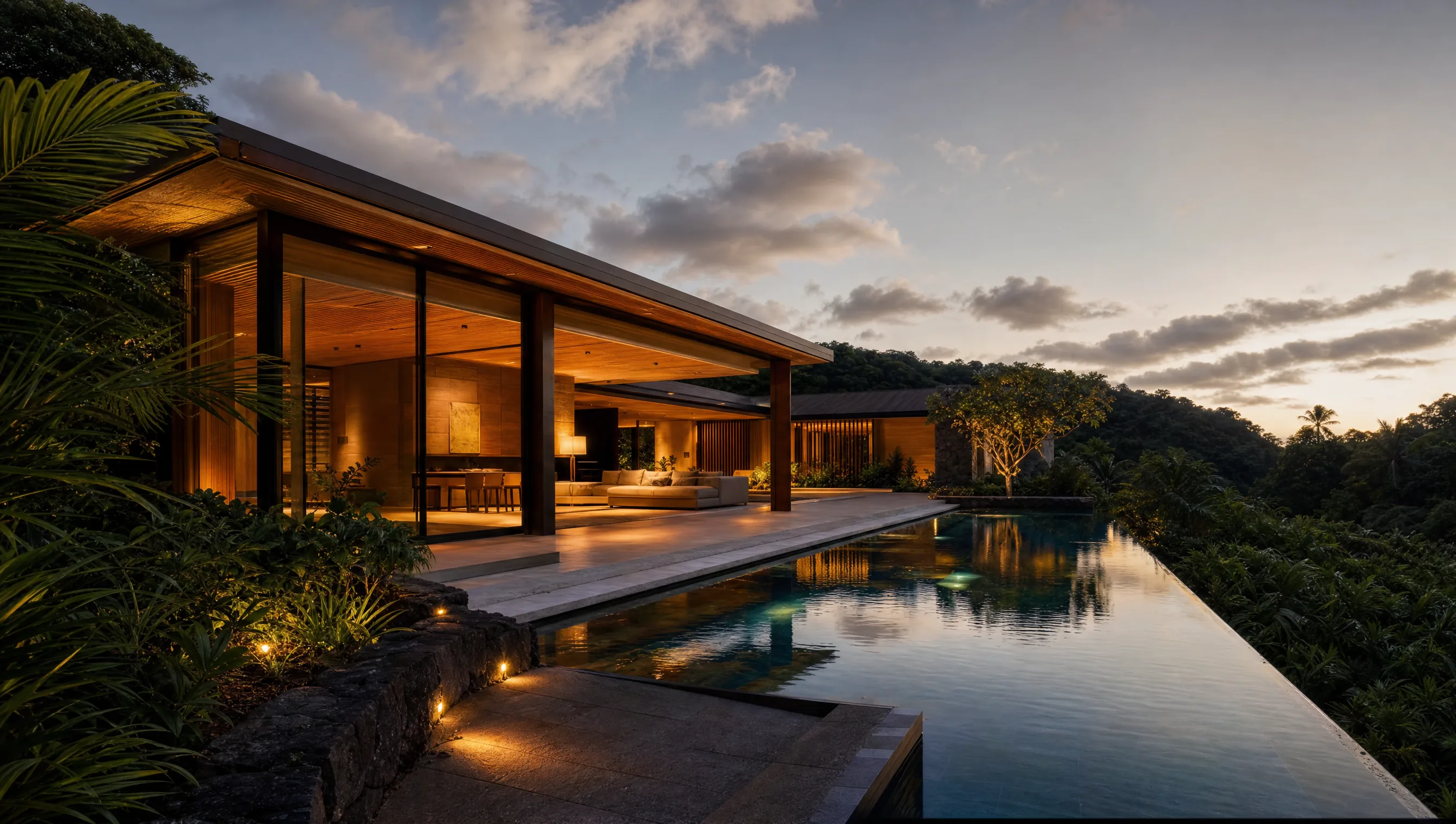 Villa contemporaine polynésienne au crépuscule